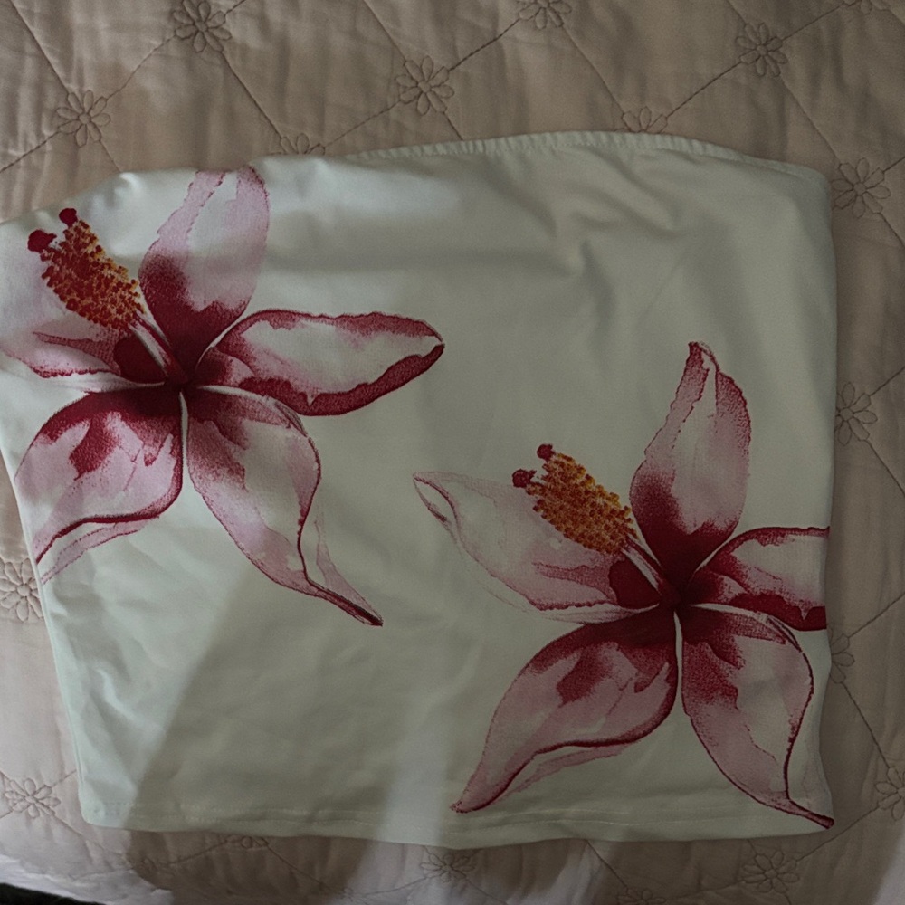 SHEIN White Crop Top with Pink Floral Design